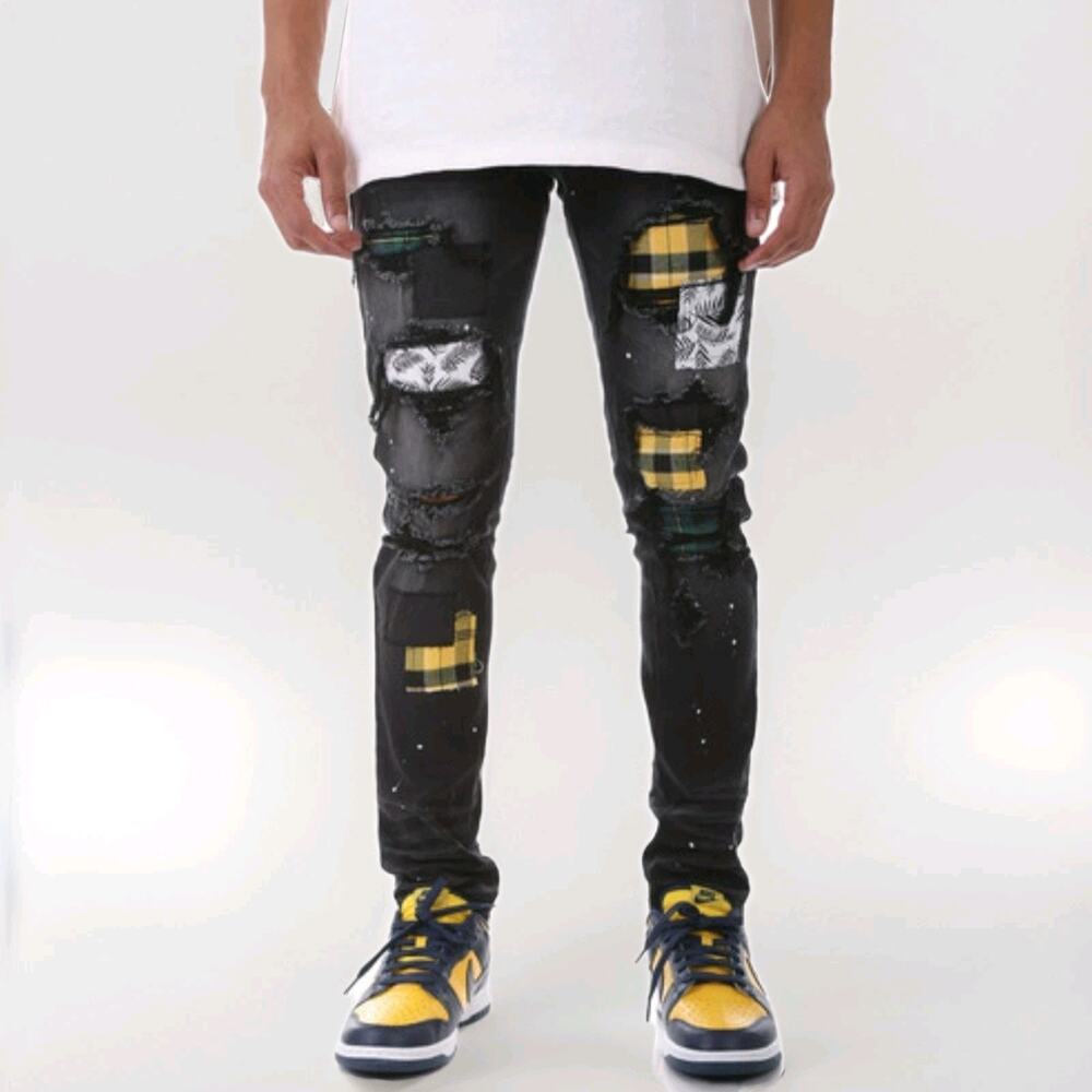 KDNK Skinny Jeans 30x30 Destroyed Repair Ripped Stitching Dark Wash